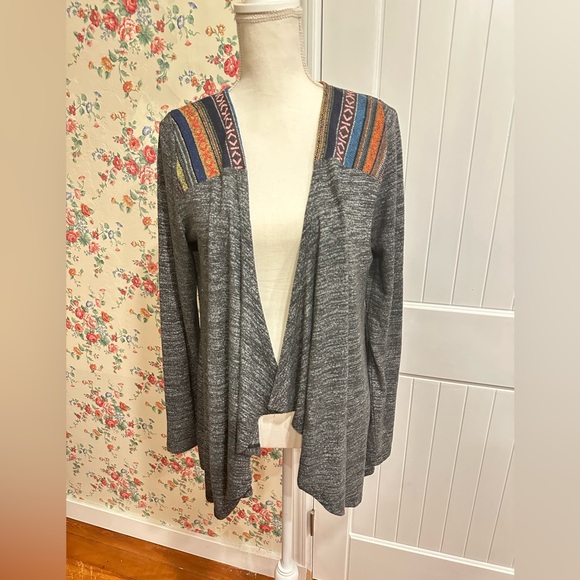 Gray Open Front Cardigan Sweater with boho Aztec Stripes at shoulder - Picture 7 of 7